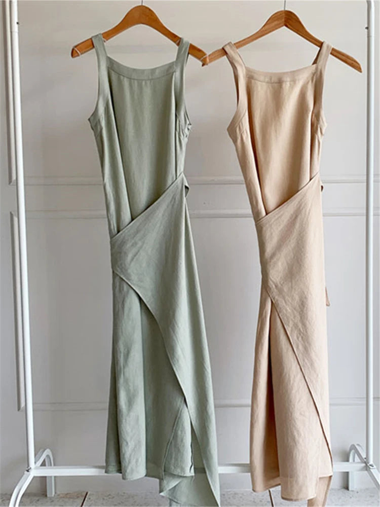 REALEFT New 2024 Summer Cotton Linen Women's Long Dresses Vintage Lace Up Maxi Dress Sashes Sleeveless Female Tank Beach Dresses