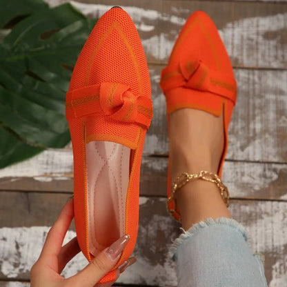 Women Flat Woven Breathable Shoes Female Spring Flats Pointed Toe Slip-on Single Shoes Woman Fashion Casual Bow Low Heel Loafers Orange