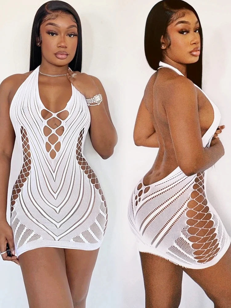 Transparent Lace Short Dress Backless Hollow Halter Nightgown Sexy Women's Pajamas Nightwear Nightdress Party Club Mini Dresses TC10 1