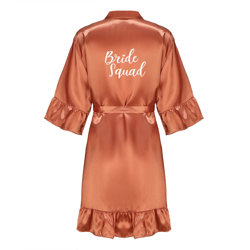 Wedding Bride Bridesmaid Robes for Women Bridal Party Gifts Team Dress Gown Silk Satin Sleepwear Kimono With Ruffle White Letter As the photo show 1