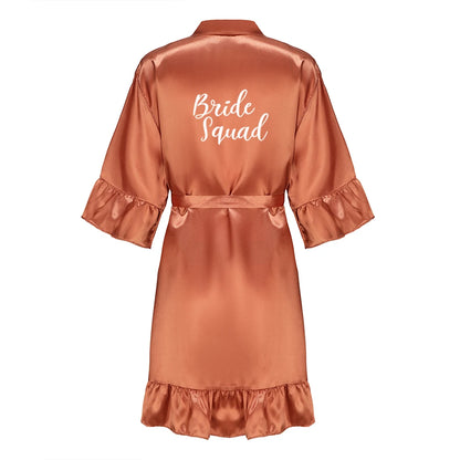 Wedding Bride Bridesmaid Robes for Women Bridal Party Gifts Team Dress Gown Silk Satin Sleepwear Kimono With Ruffle White Letter As the photo show 1