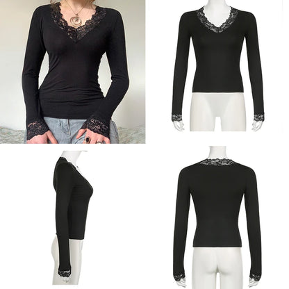 Cuteandpsycho Lace Patchwork Solid Slim Tee Shirts Long Sleeves V-neck Aesthetic Fashion Clothes Vintage Streetwear Black Tops