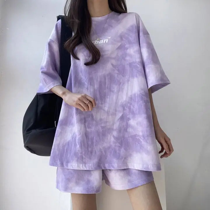 Women Summer 2024 New Fashion Cool Tie Dye Two-Piece Set Leisure And Comfortable Loose Elastic Waist Shorts Set