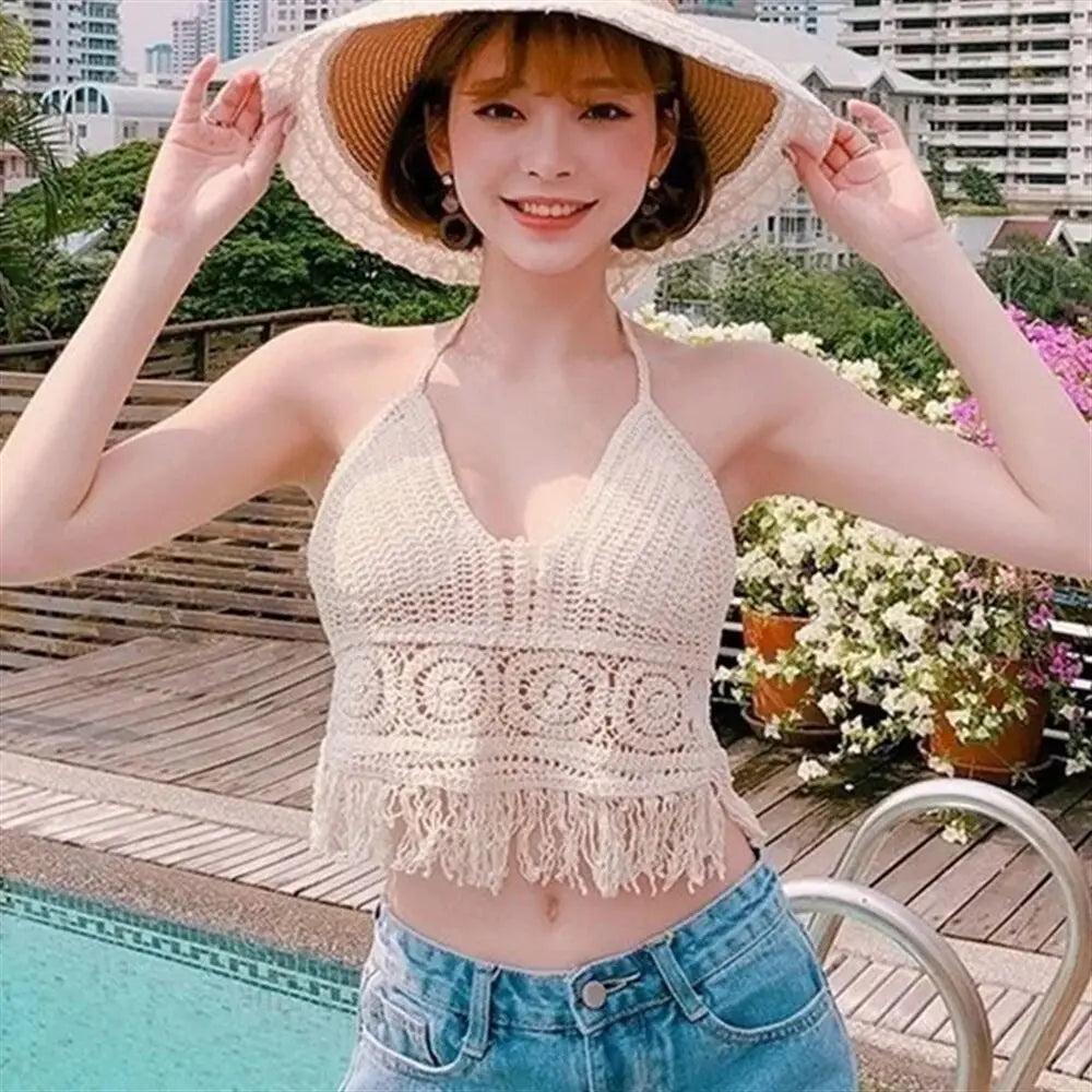 Sexy Boho Beach Holiday Camisole Halter Women Crochet Knit Swimsuit Bra Backless Vest Hollow Tassel Tank Top Women's Crop Tops