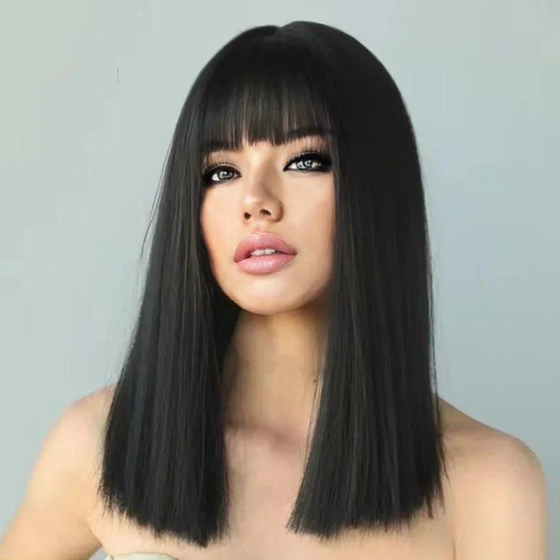 Fashion black synthetic wig female Qi bangs long hair festival daily wig chemical fiber mechanism full head wig