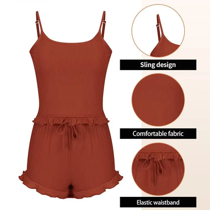 New Summer Womens Ribbed Knit Pajama Set Ruffle Trim Cami Top Drawstring Shorts Loungewear Two Piece Sleepwear Sexy Homewear