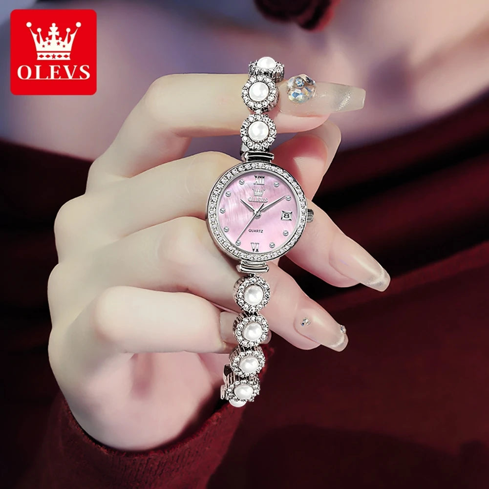 OLEVS 5635 Fully Diamond Pearl Hand Chain Watch Fashion Elegant Waterproof Women's Watches Original Quartz Wrist Watch for Women