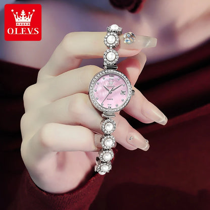 OLEVS 5635 Fully Diamond Pearl Hand Chain Watch Fashion Elegant Waterproof Women's Watches Original Quartz Wrist Watch for Women