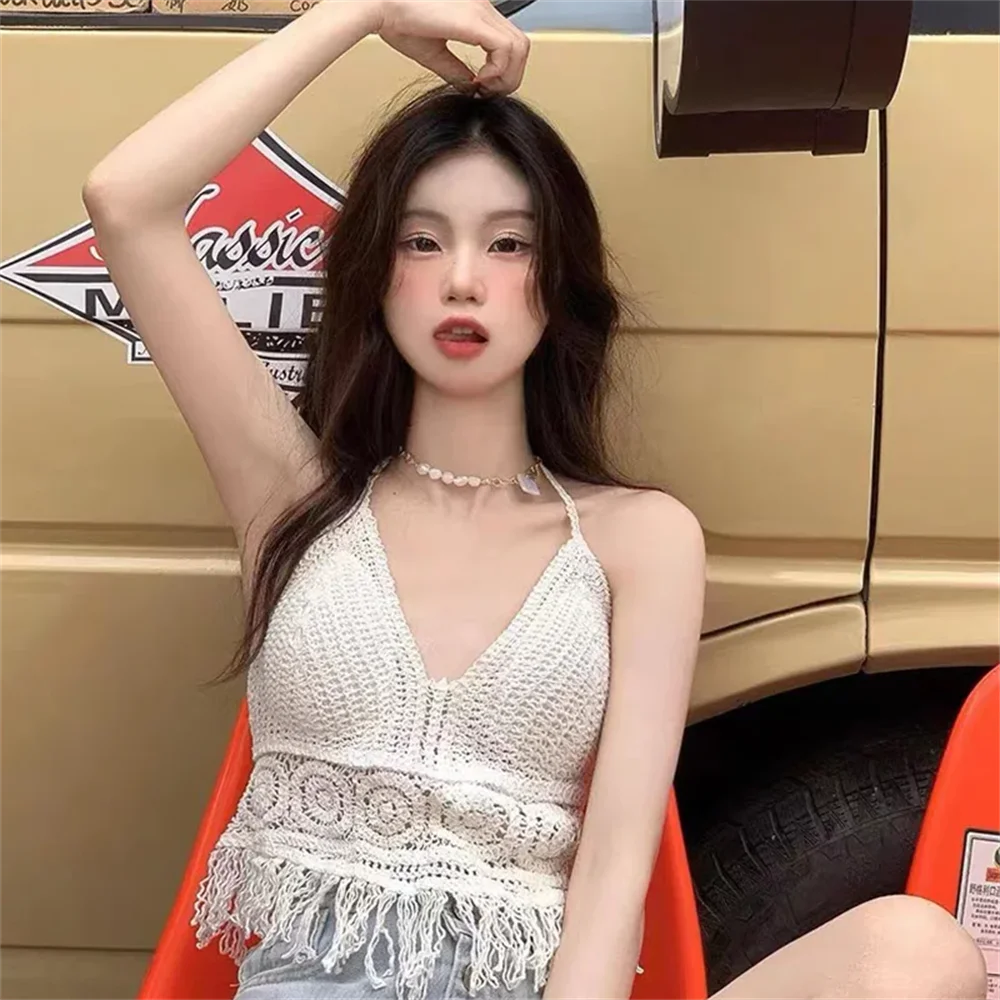 Sexy Boho Beach Holiday Camisole Halter Women Crochet Knit Swimsuit Bra Backless Vest Hollow Tassel Tank Top Women's Crop Tops