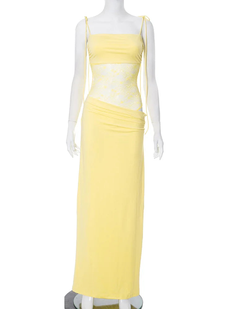 Elegant Lace Cut Out Maxi Dresses for Women 2025 Sexy Spaghetti Strap Patchwork Holidays Party Dress Summer Backless Long Dress Light Yellow