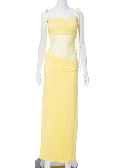 Elegant Lace Cut Out Maxi Dresses for Women 2025 Sexy Spaghetti Strap Patchwork Holidays Party Dress Summer Backless Long Dress Light Yellow
