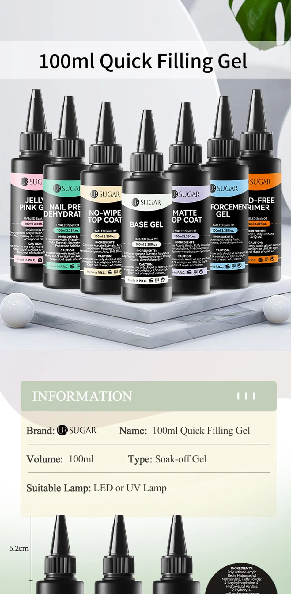 UR SUGAR 100ml Reinforcement Gel Nail Prep Dehydrator Nail Art Soak Off UV LED Base Gel No Wipe Top Coat Varnish Manicure