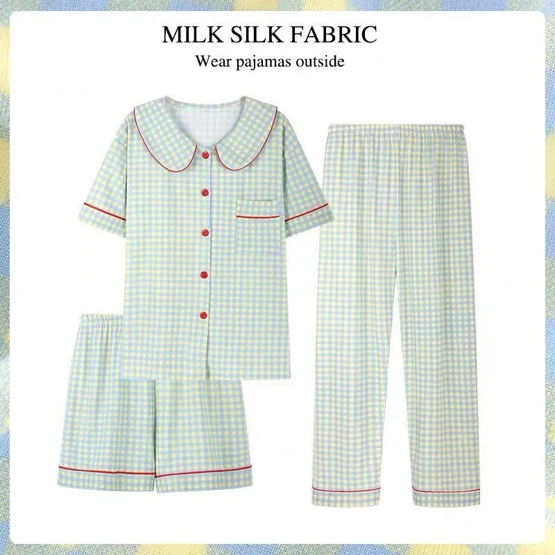 Three-Piece Set of Ladies Pajamas Short Sleeve Long Pants Student Loungewear Cartoon Cardigan Short Sleeve Shorts Cute Pajamas Green