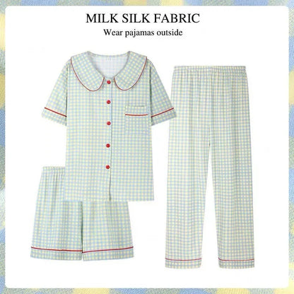 Three-Piece Set of Ladies Pajamas Short Sleeve Long Pants Student Loungewear Cartoon Cardigan Short Sleeve Shorts Cute Pajamas Green