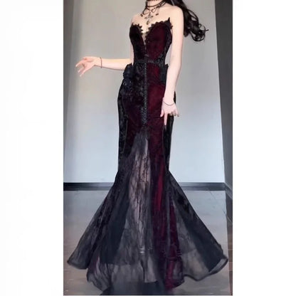 Summer Gothic Grunge Y2k Lace Dress Women Dark Academia Sexy Slim Party Dresses Korean Fashion Design Festival Long Prom Dress D4