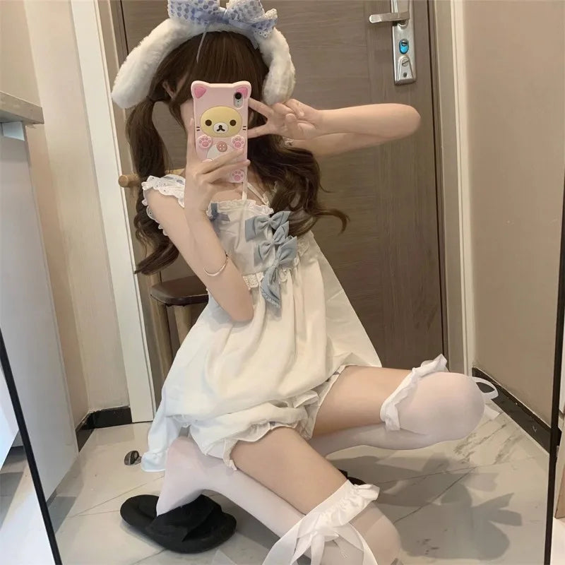 Japanese Soft Girl Strappy Bow Sling Top Shorts Two Piece Set Cotton Pajamas Women's Lolita Sleepwear 2025 New Summer