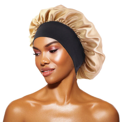 Women's Satin Solid Bonnets Wide-brimmed Night Sleeping Bathing Hat Unisex Head Wrap Elastic Band Cap Hair Care Bonnet Gold One Size