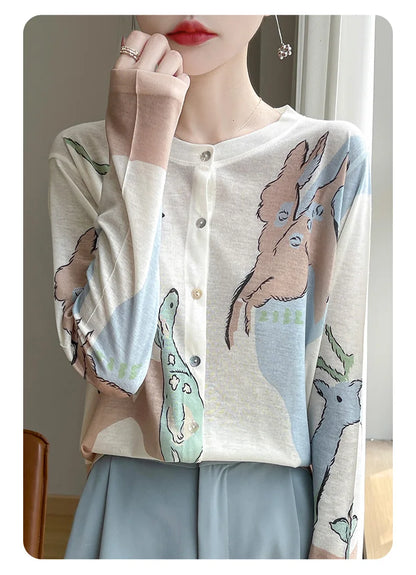 Spring And Summer New Lyocell Water-Soluble Wool Blended Round Neck Knit Cardigan Long Sleeve Feminine Sweater Printed Top