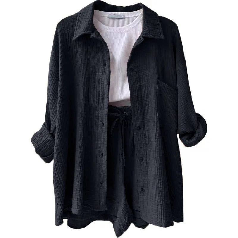 Short Sets Women Tracksuit Single Breasted Cardigan Blouses Two Pieces Shorts Loose Button High Street Solid Pockets Folds
