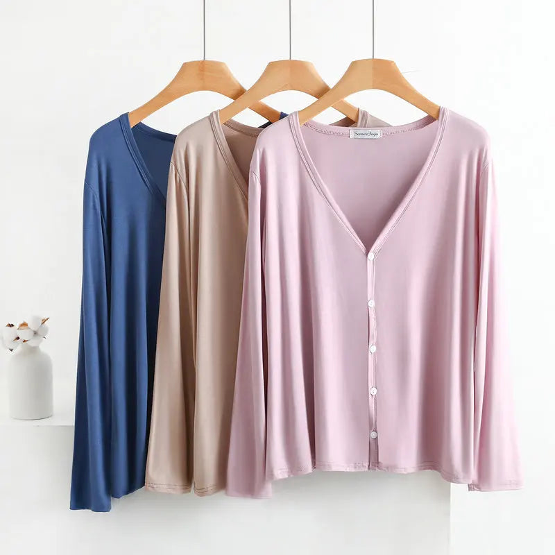 Summer Spring Modal Cardigan Long sleeves Candy colors V Neck Tshirt Open-front sun-proof clothing Air-conditioned tops