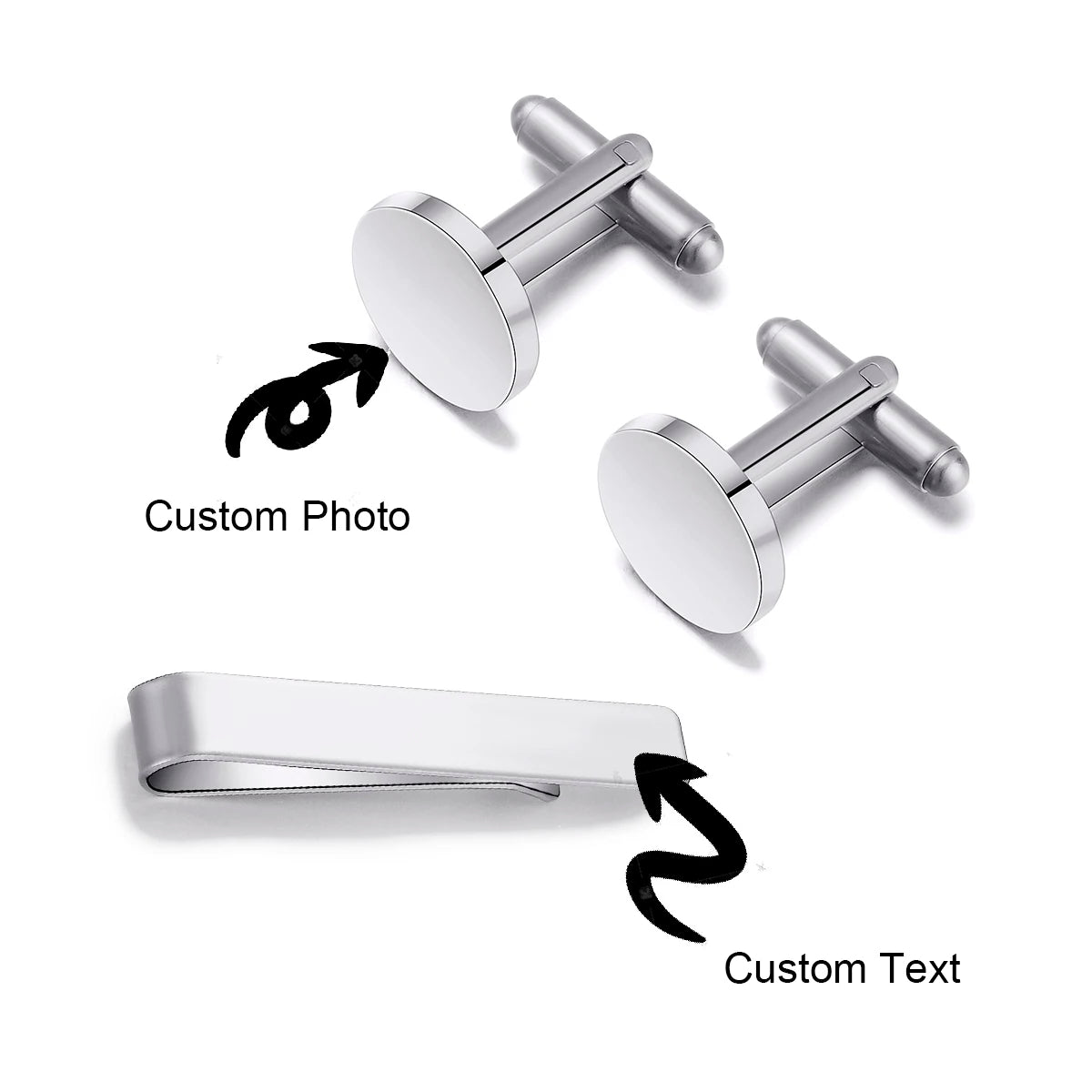 Custom Engraved Round Cufflinks & Tie Clip Set Stainless Steel Anniversary Wedding Birthday Groomsmen Gift for Father Husband Badiee Stylez