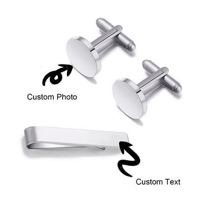 Custom Engraved Round Cufflinks & Tie Clip Set Stainless Steel Anniversary Wedding Birthday Groomsmen Gift for Father Husband Badiee Stylez