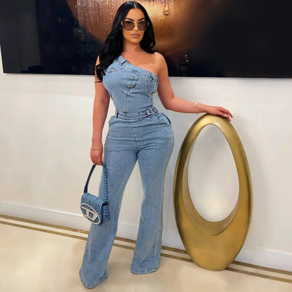 Flare Denim Pants Full Length Women Jeans One Piece Overalls Spliced Solid Jumpsuits Loose Pockets High Waist Basics Washed