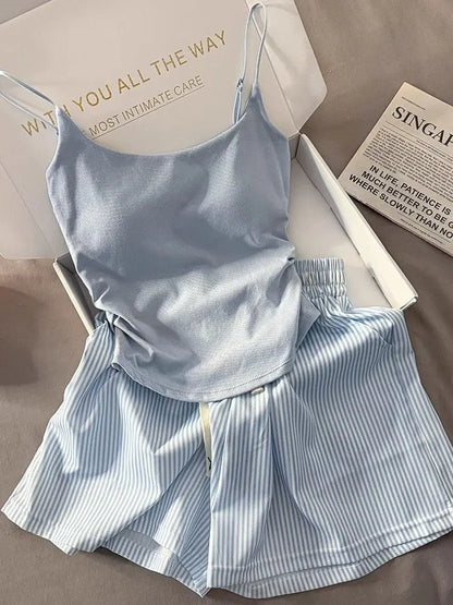 Striped Sleepwear Women Pajama Sets Spaghetti Strap Piiama Shorts Sets 2 Pieces Korean Night Wears Summer Cute Home Suit 2025