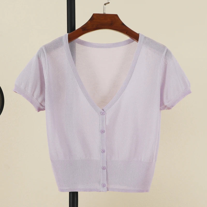 Outerwear Jerseys Summer Cardigan Women Cropped Blouses Korean Fashion Style Cute V-neck Women's Coat Black Bolero Woman Basic