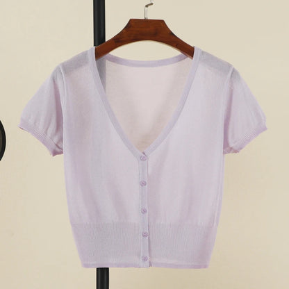 Outerwear Jerseys Summer Cardigan Women Cropped Blouses Korean Fashion Style Cute V-neck Women's Coat Black Bolero Woman Basic