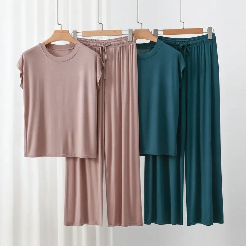 Modal Homewear set O-neck Tshirts short sleeves and Wide leg pants Loose sleepwear Casual streetwear suit all match