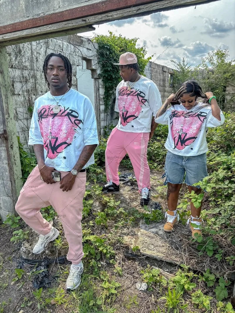 American Retro Letter Printing Oversized T-shirt Hip-hop Harajuku Punk Round Neck Graphic Top Men Trendy Casual Streetwear Women Badiee Stylez