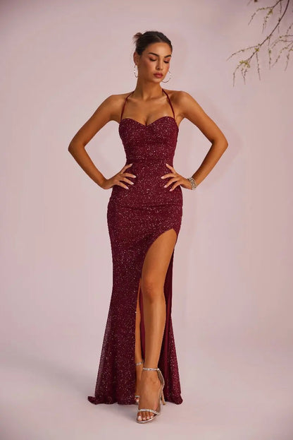 New wine red sequin fabric evening dress with no sleeves, tied straps, high slit, strapless style, essential for parties Badiee Stylez