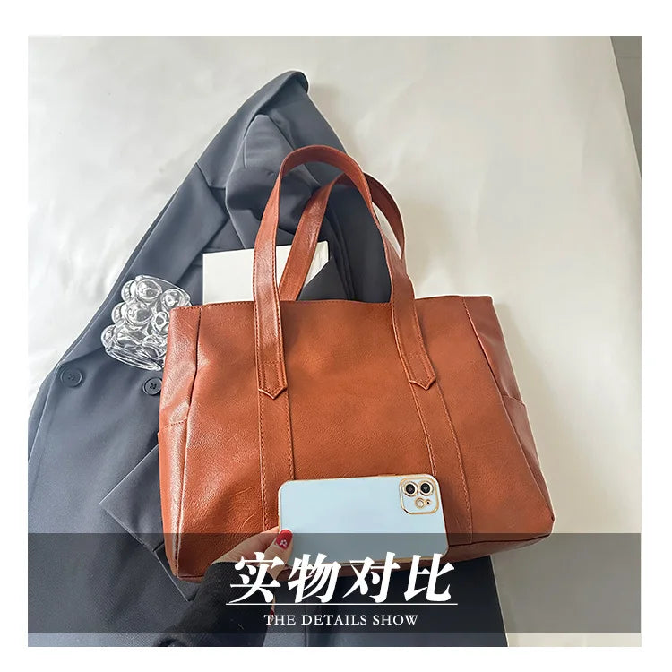 Vintage Large Capacity Tote Bag, Retro Vegan Shoulder Bag, Women's Casual Handbag For Commute ,Trendy Handbag with Soft Leather