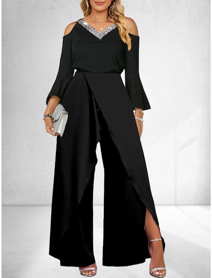 2024 Women's New Split Sequin Solid V-neck Basic Business Elegance Wide Leg Loose Sleeve Flare Sleeve Jumpsuit Bodysuit