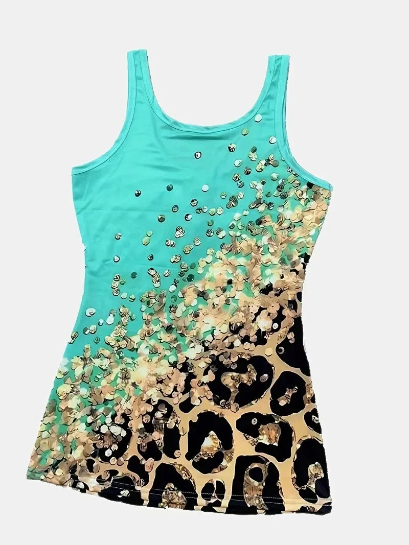 Plus Size 1XL-8XL Women's Fashion Leopard Print Round Neck Tank Tops Pullover Ladies Casual Wide Shoulder Strap Vest Top