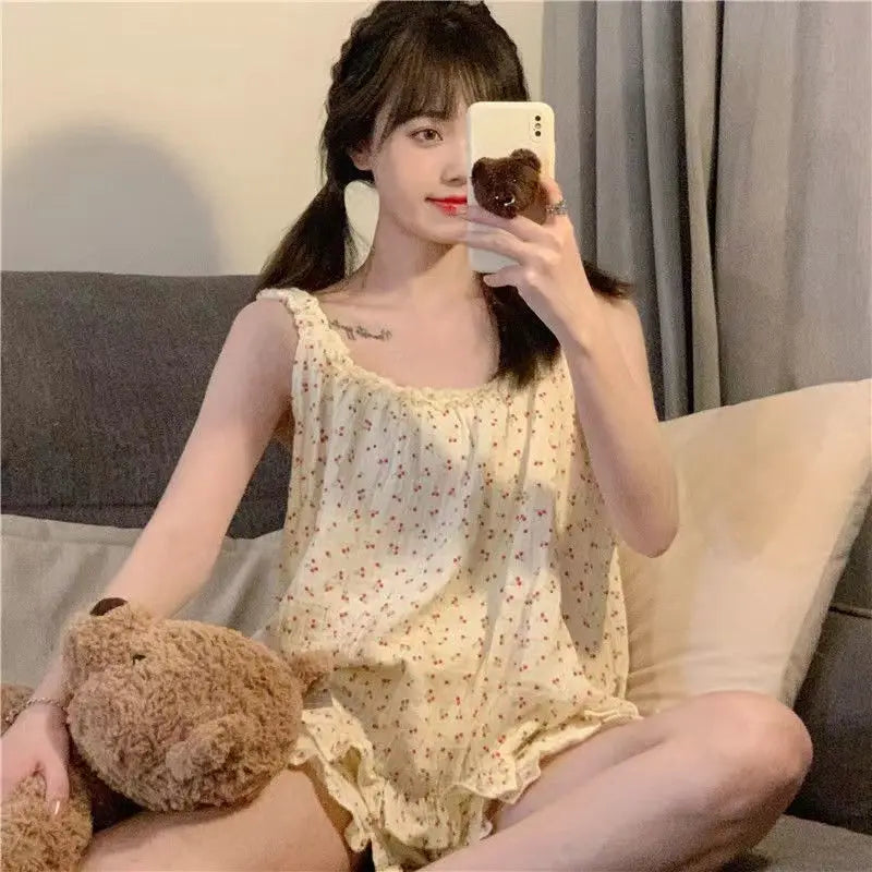 Pajamas Set for Women Sexy Home Clothing Sleepwear Tank Top Suit Shorts Cute Underwear Soft Nightwear Sleeveless Lace Loungewear