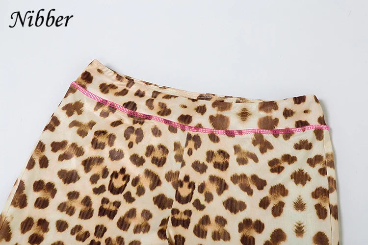 Nibber Leopard Print 2 Piece Set Women's Autumn Tracksuit Athleisure Hooded Crop Jacket + Flared Pants Stretch Matching Suit