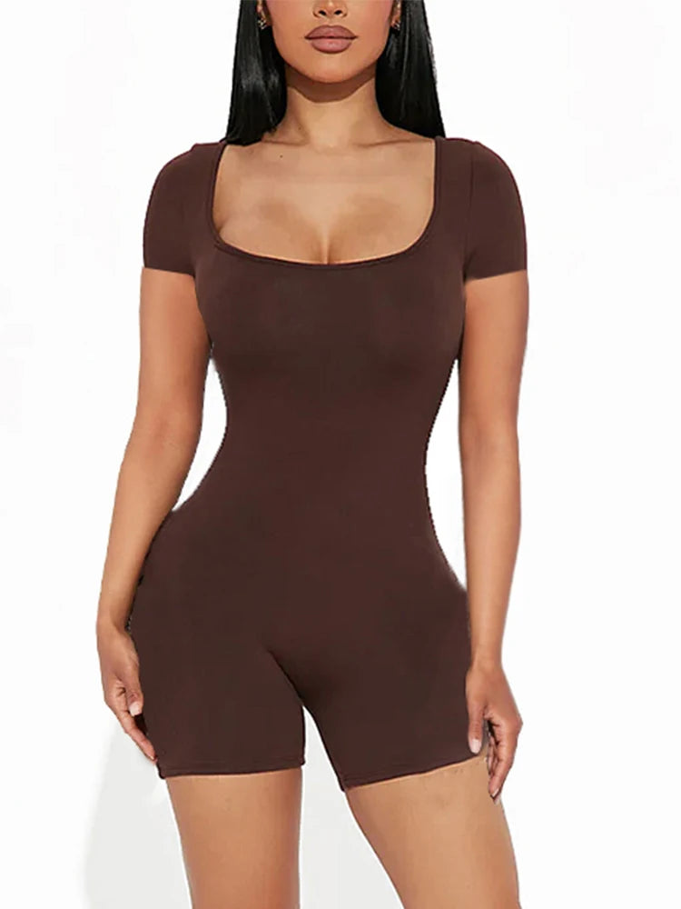 2025 Summer New Women's Sexy Solid Color Short Sleeve U Neck Jumpsuit Short Jumpsuit Yoga Fitness One Piece Polyester Coffee