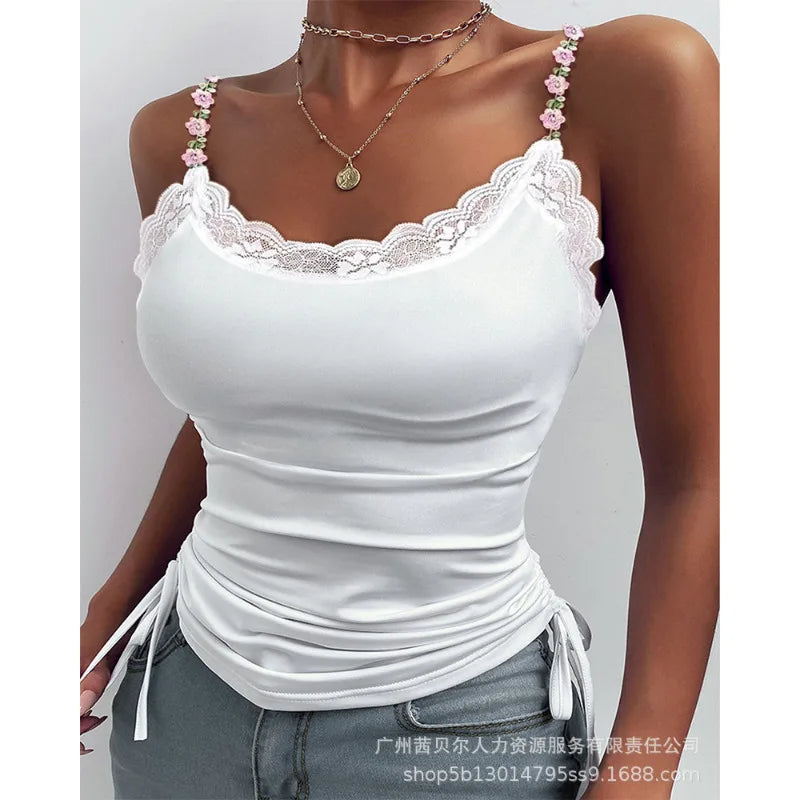 2024 Spring Summer New Vest Top Women's Closing Solid Color Slim Top Women Sexy Lace Stitching Three-Dimensional Decoration Vest