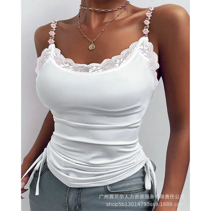 2024 Spring Summer New Vest Top Women's Closing Solid Color Slim Top Women Sexy Lace Stitching Three-Dimensional Decoration Vest
