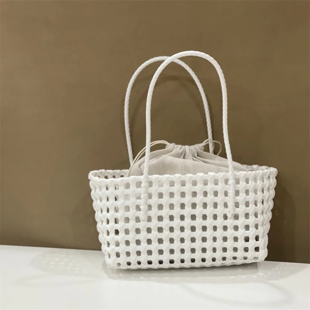Plastic Hollow Weave Bag Countryside Style Bohemian Style Beach Tote Bag Large Capacity Bucket Bag Vegetable Basket Bag