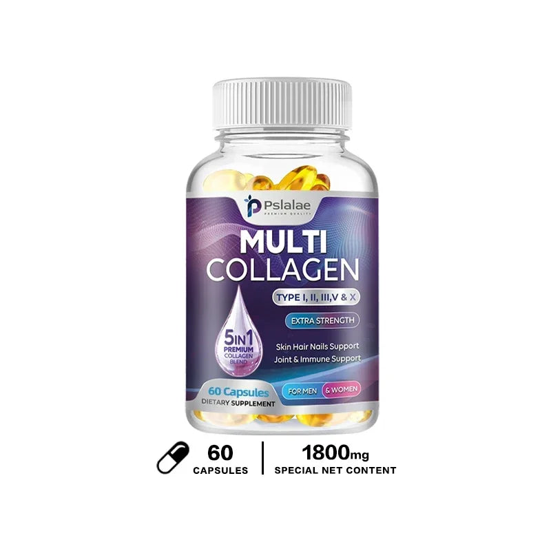 Multiple Collagen Complex - Types I, II, III, V, and X - Hair, Skin, Nail, Bones, Joint Health Support 60 Capsules