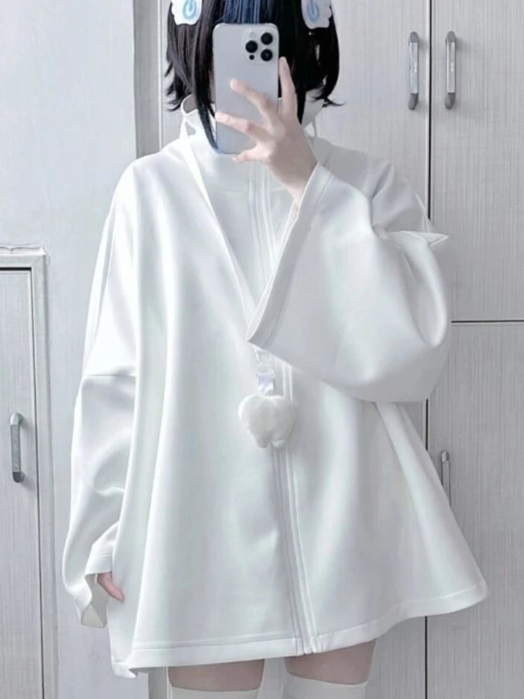 Spring Japanese Casual Solid Hoodies Women Loose Y2k Aesthetic Oversized Embroidery Coats Harajuku Zipper Grunge Sweatshirts