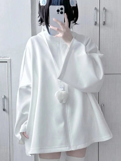 Spring Japanese Casual Solid Hoodies Women Loose Y2k Aesthetic Oversized Embroidery Coats Harajuku Zipper Grunge Sweatshirts