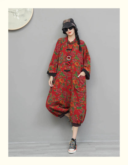 Artistic Large Floral Cotton Linen Chinese Style Button Embroidery Loose Casual Jumpsuit Women LX4344 Badiee Stylez