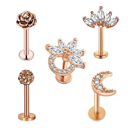 5PCS Flower Tragus Piercing Set Flat Back Cz Cartilage Stud Earring Helix Jewelry Conch Rook Stud Lot Labret Lip Piercing Bulk