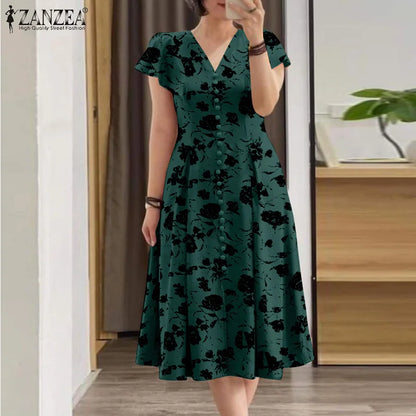 ZANZEA Woman Summer Dresses Ruffle Sleeve V-Neck Cinch Waist, Womens Elegant Floral Printing Party Commute A-Line Midi Sundress