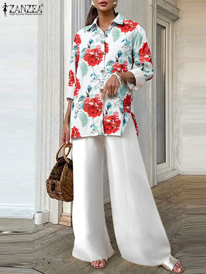 ZANZEA Autumn Vintage Pant Sets Women Fashion 2 Piece Outfits 2025 Elegant Long Sleeve Print Tops and Elastic Waist Pants 2pcs Badiee Stylez