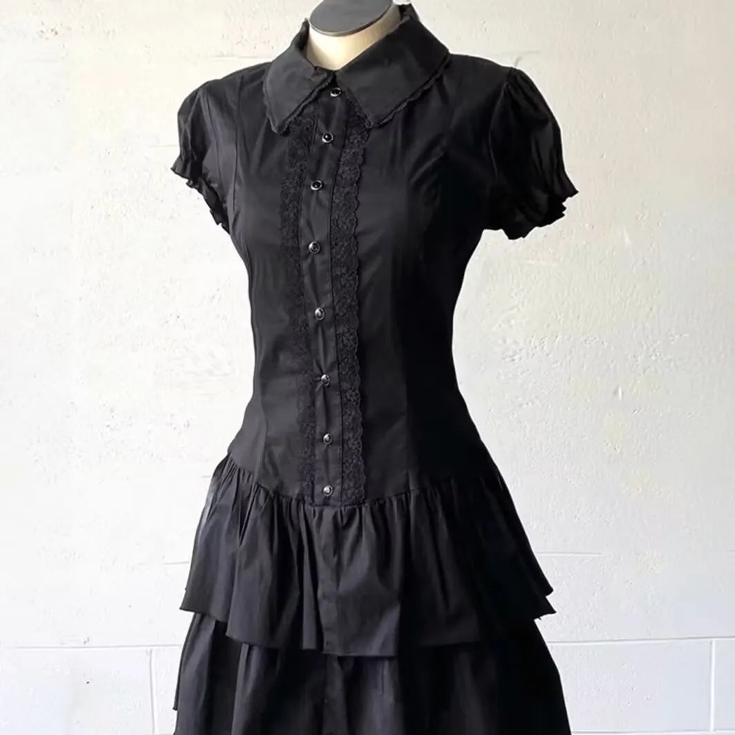 Vintage Black Y2k Dresses Lace Shirt Dress for Women Slim Waist All-match Dresses Short Sleeve Vestidos De Mujer Summer Dress